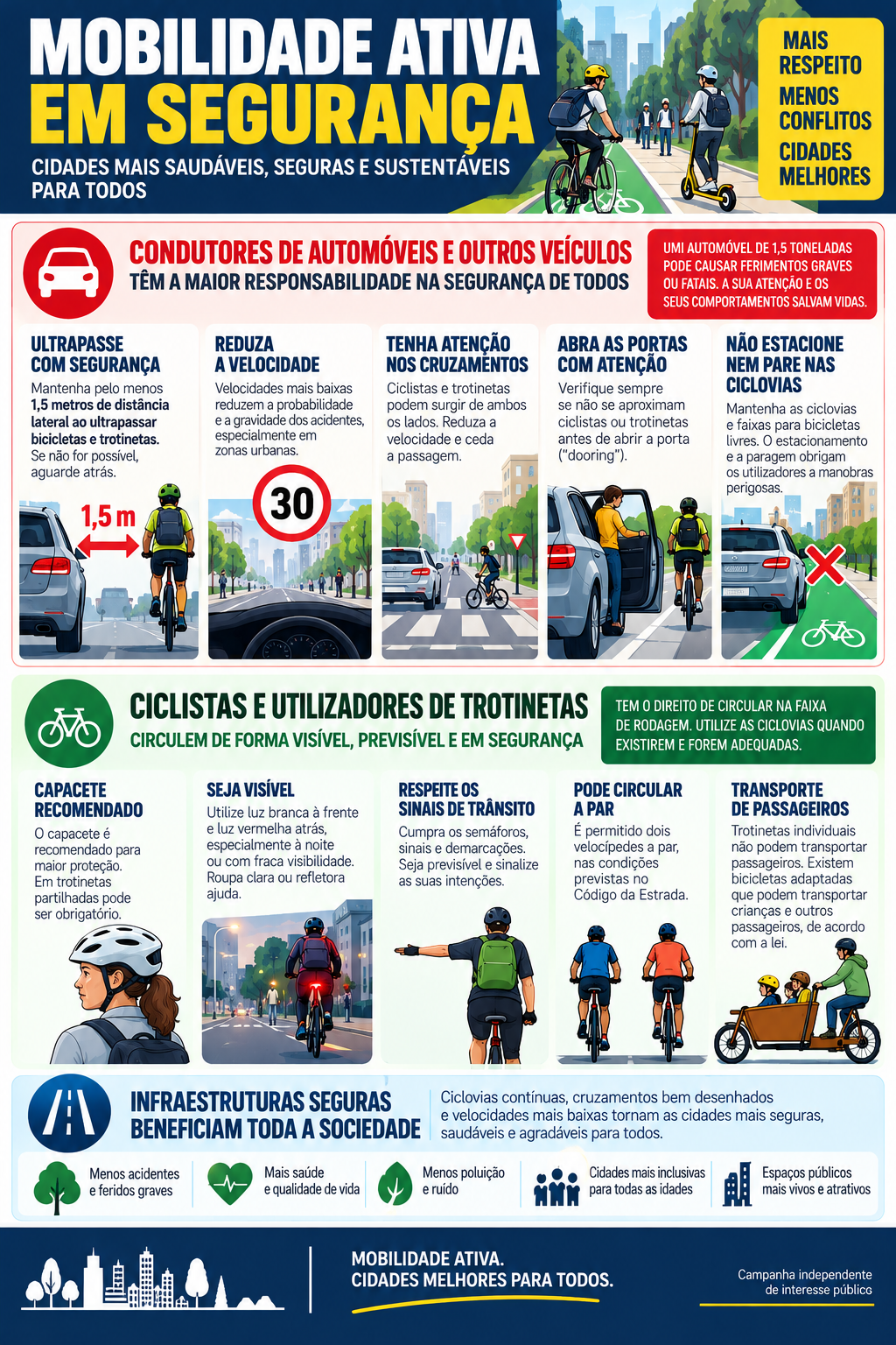Proposta de cartaz alternativo «Mobilidade Ativa em Segurança»: primeiro as obrigações dos condutores, depois as recomendações a ciclistas e utilizadores de trotinetas
